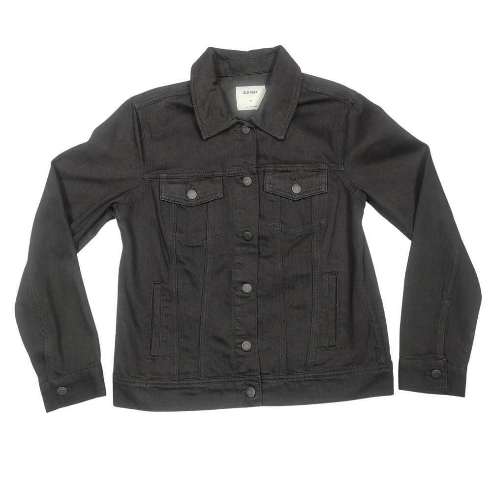 Old Navy Denim Jacket Womens Medium Trucker Button Front Black Solid Excellent